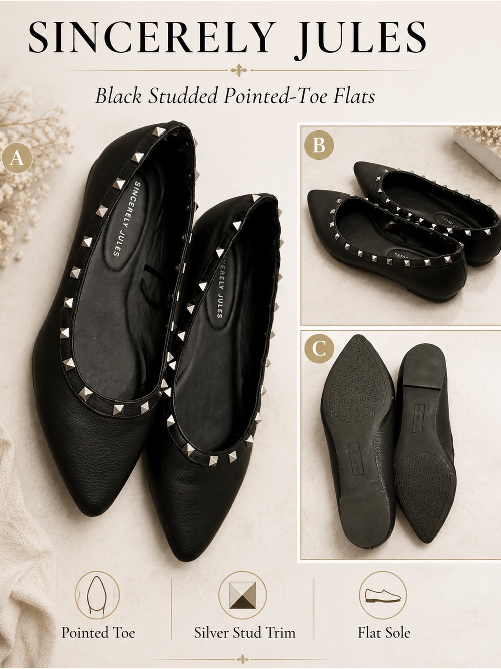 Sincerely Jules Studded Black Pointed Toe Ballet Flats -Size 8